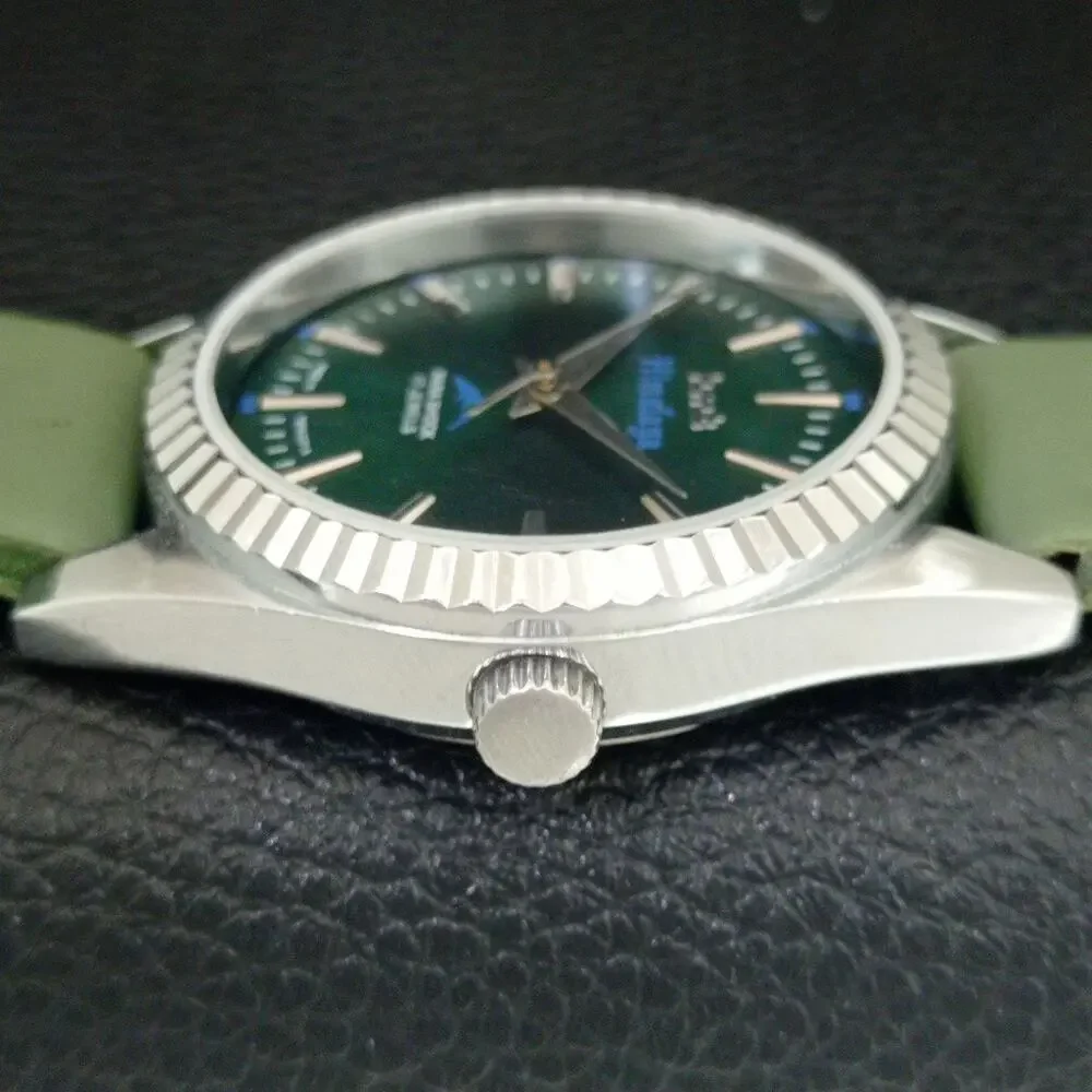 Vintage 1977 HMT Manual Wound Mens Silver Watch & Green accents